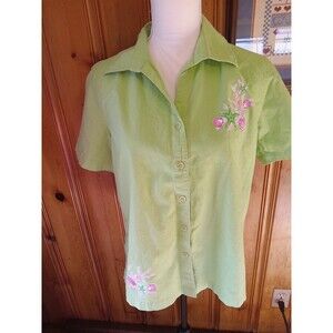 NWT Cappagallo Womens Lime Green Button-Up Shirt M Top Shells Starfish Seahorse